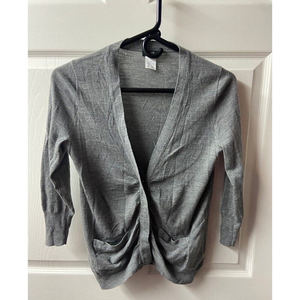 J Crew V Neck Cardigan Women XS Gray Hidden Button Pockets Tight Knit Wool READ